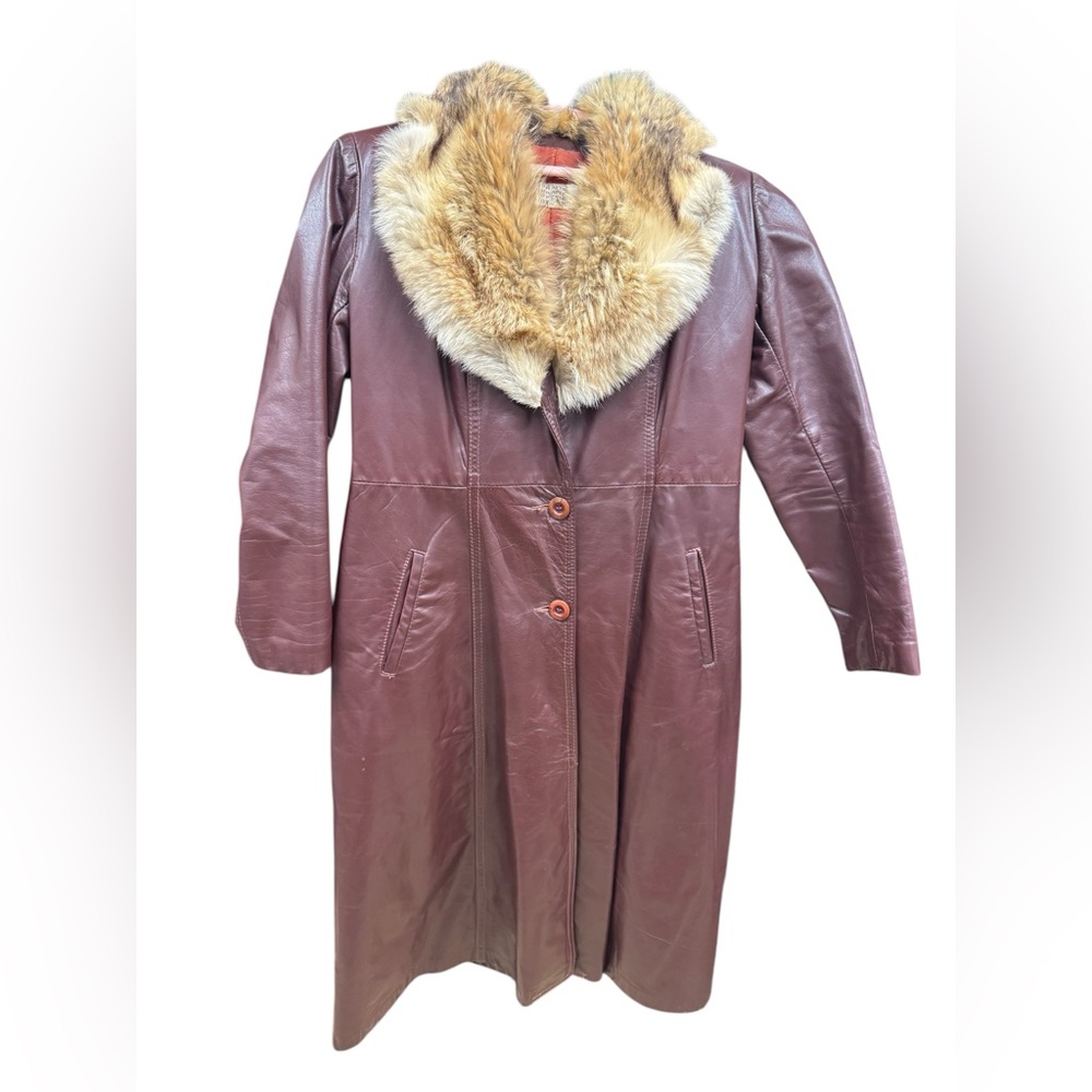 Vintage 1970s Brown Leather Attic Leather Coat /Coyote Fur Collar